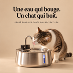 Fontaine Cato en inox, un chat boit au jet du robinet
