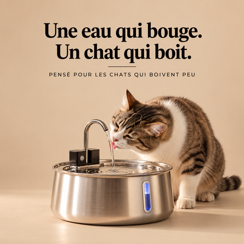 Fontaine Cato en inox, un chat boit au jet du robinet