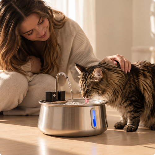 Une femme caresse son chat qui boit à la fontaine Cato