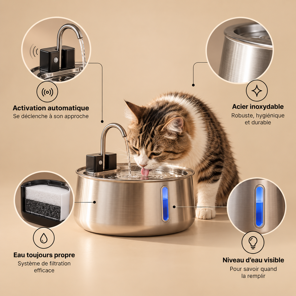 Caractéristiques de la fontaine Cato : capteur, inox, filtration, niveau d'eau
