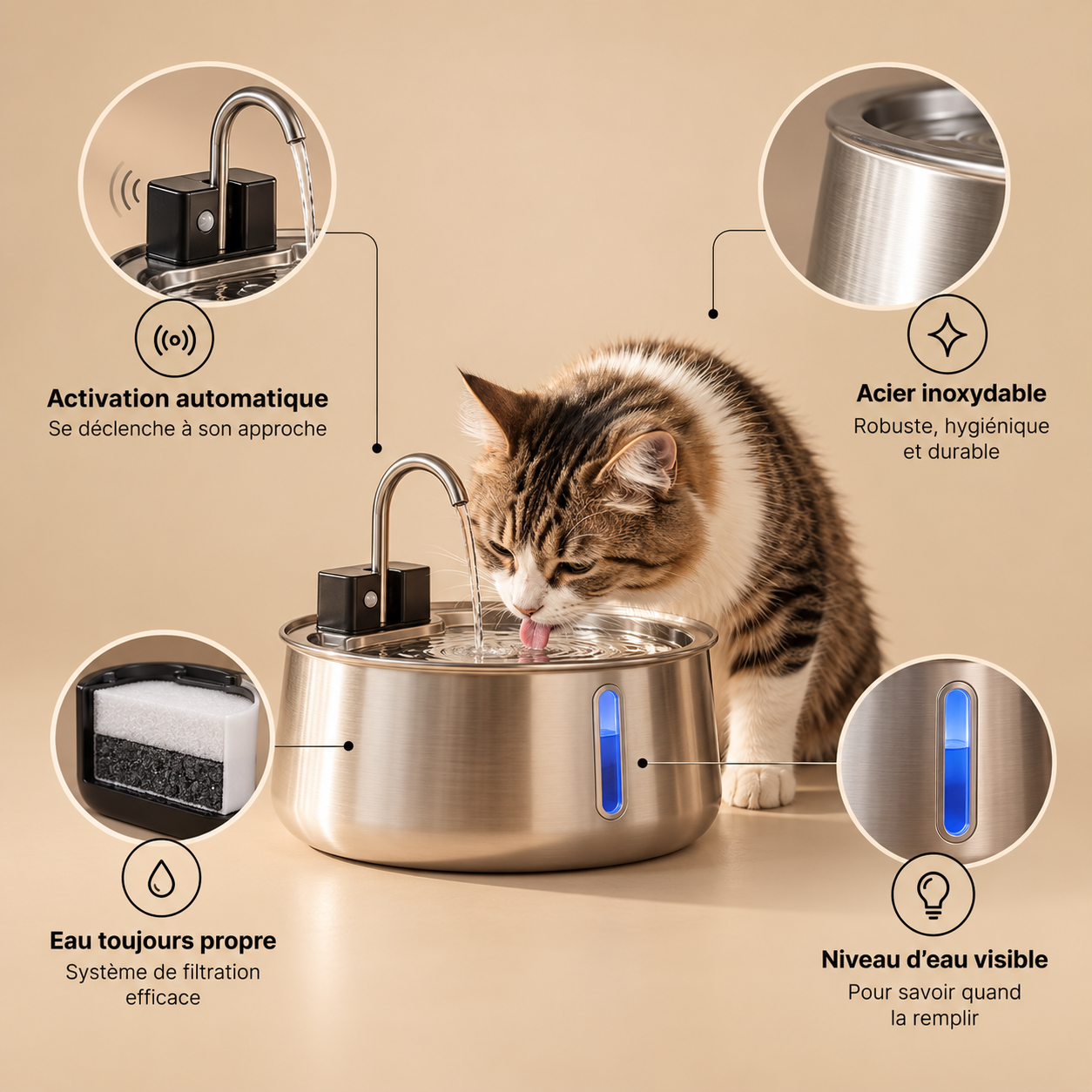 Caractéristiques de la fontaine Cato : capteur, inox, filtration, niveau d'eau