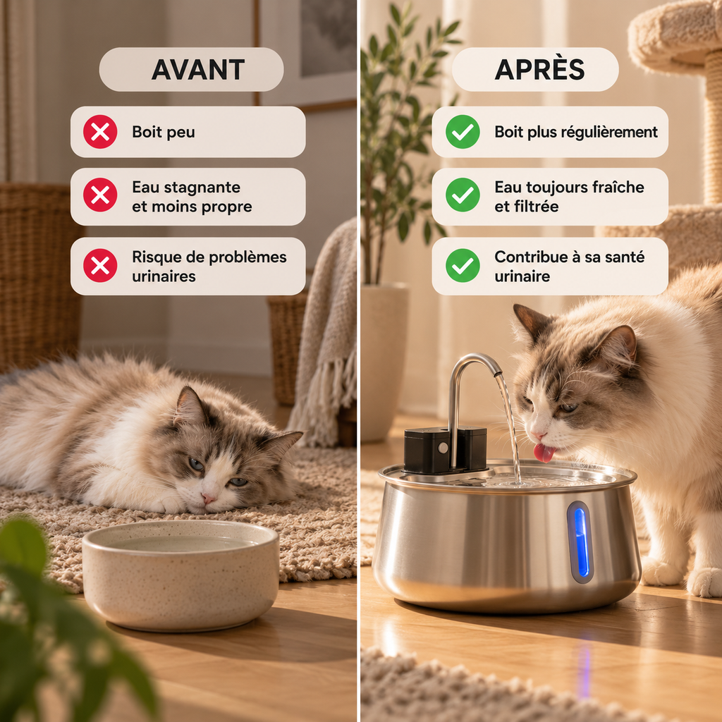 Avant et après : gamelle d'eau stagnante contre fontaine Cato