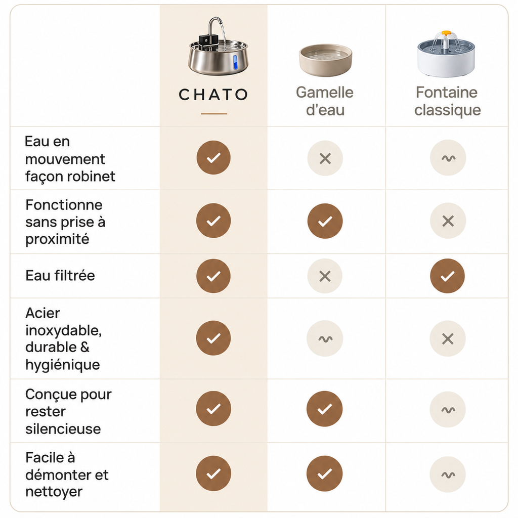 Comparatif : Cato face à une gamelle d'eau et à une fontaine classique — eau en mouvement façon robinet, fonctionne sans prise, eau filtrée, acier inoxydable, silencieuse, facile à démonter