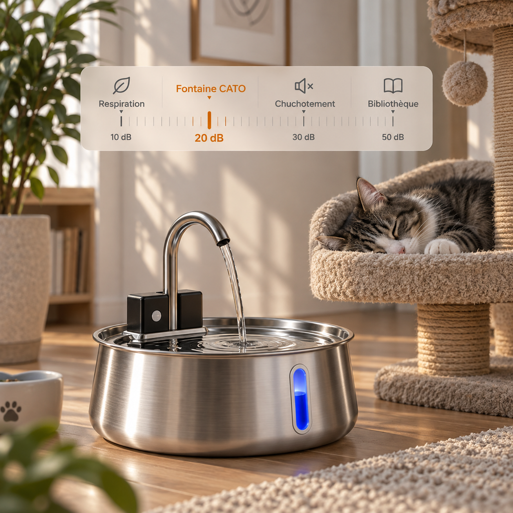 Fontaine CATO en fonctionnement, chat endormi à proximité